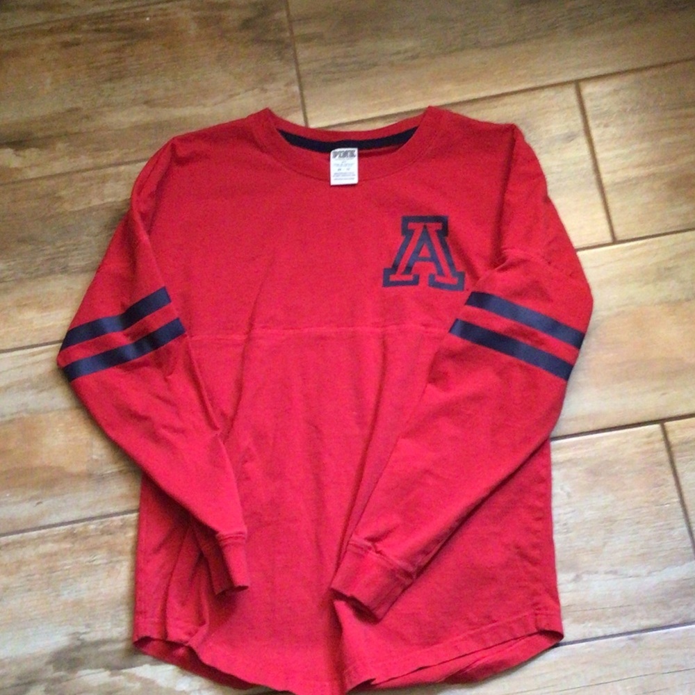 PINK Victoria's Secret Red Long-Sleeve Tee with Navy Stripe Accents